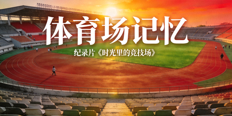 纪录片海报风格配图：夕阳下的体育场全景